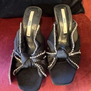Zara Black Satin Heels with Rhinestone Detail